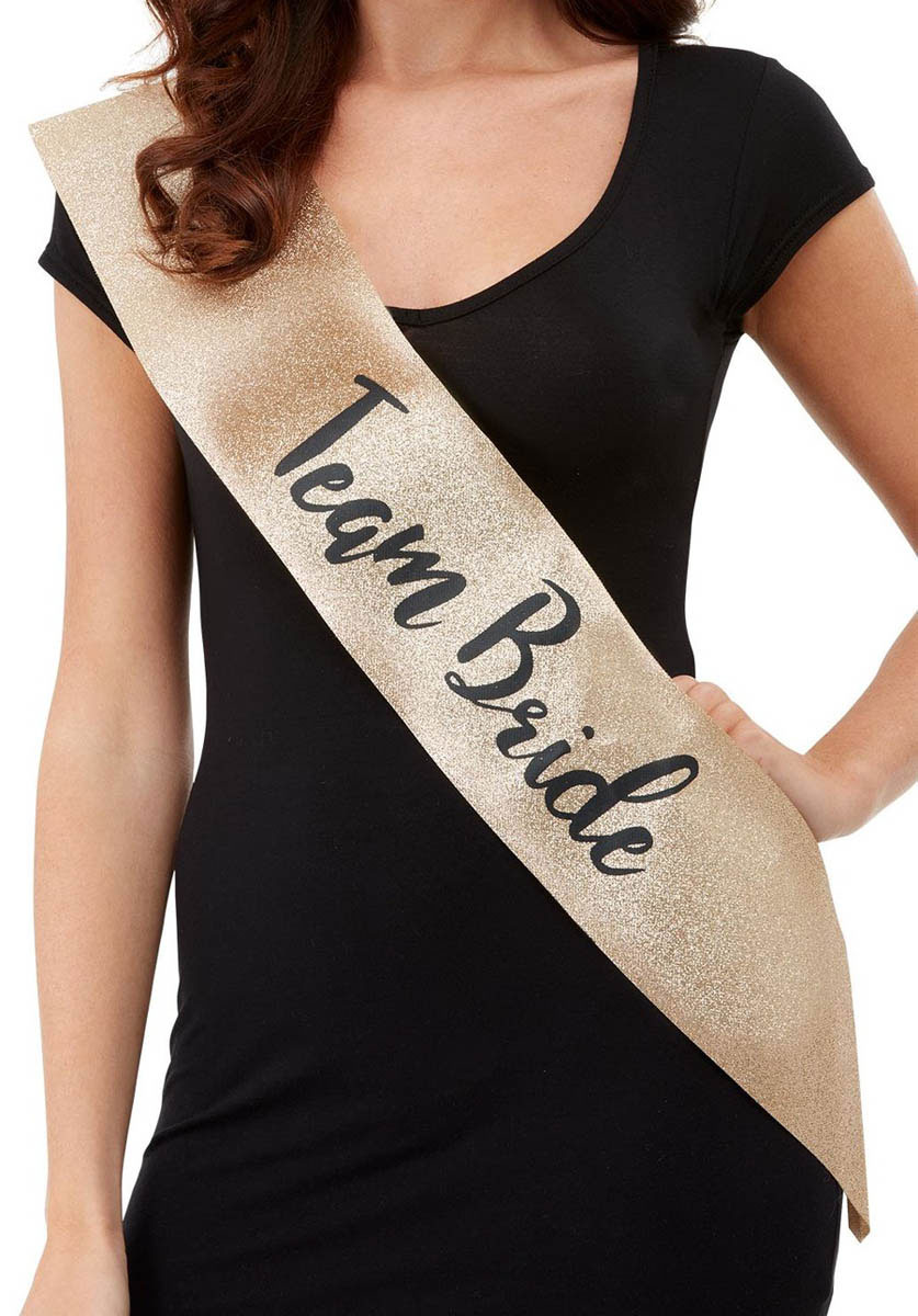 Deluxe Glitter Team Bride Sash, Gold & Black